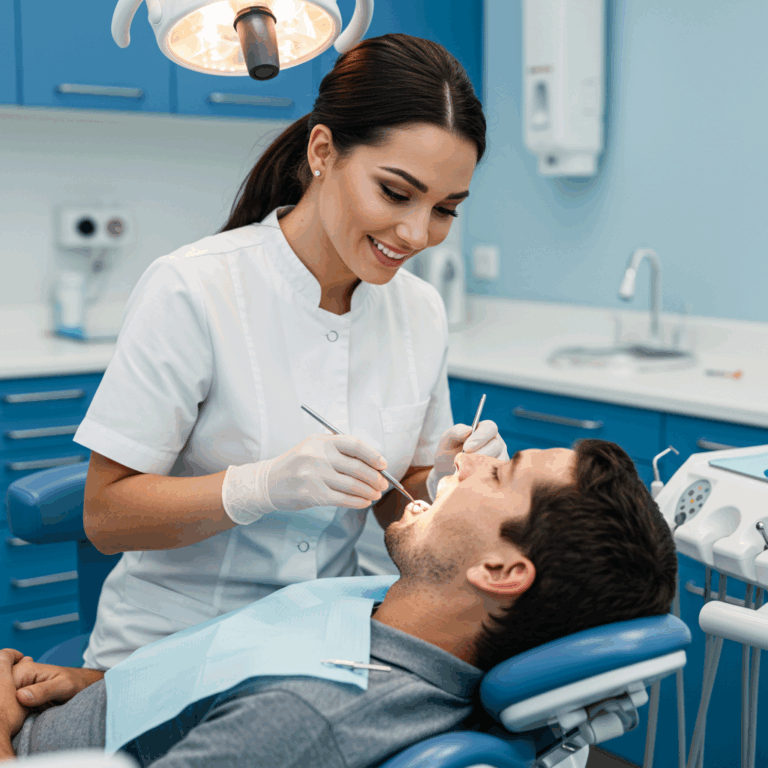 female dentist examining a male patient in a modern dental clinic.