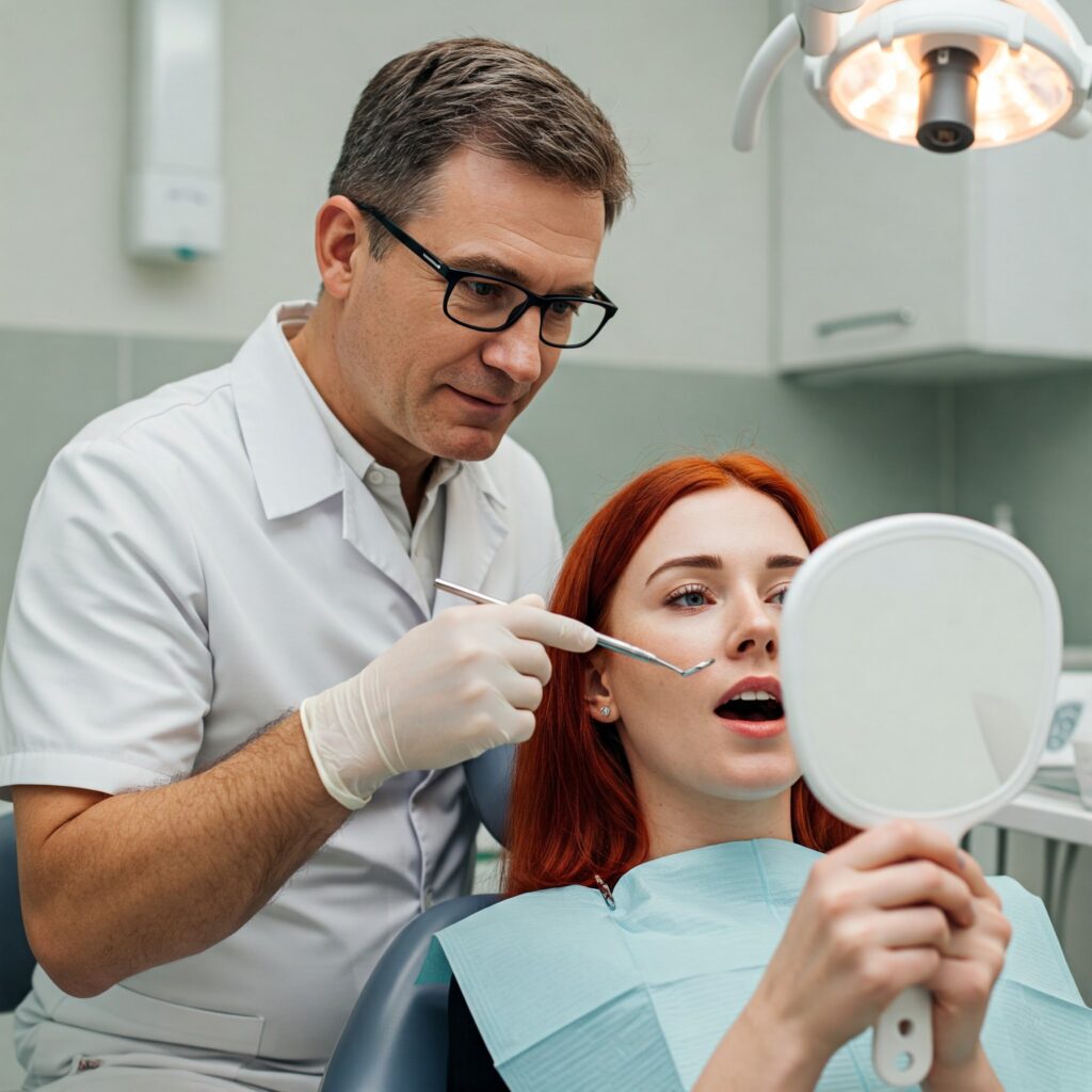 Female patient examining her smile in a mirror during a dental implant with male dentist.