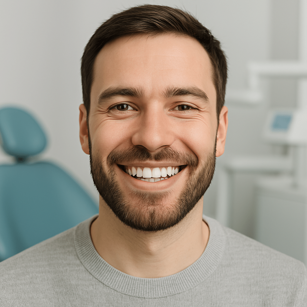 Smiling man in a dental office after same day dental implement treatment.