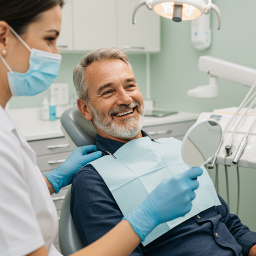 Dental patient smiling while the dentist holds a mirror to show finished treatment.