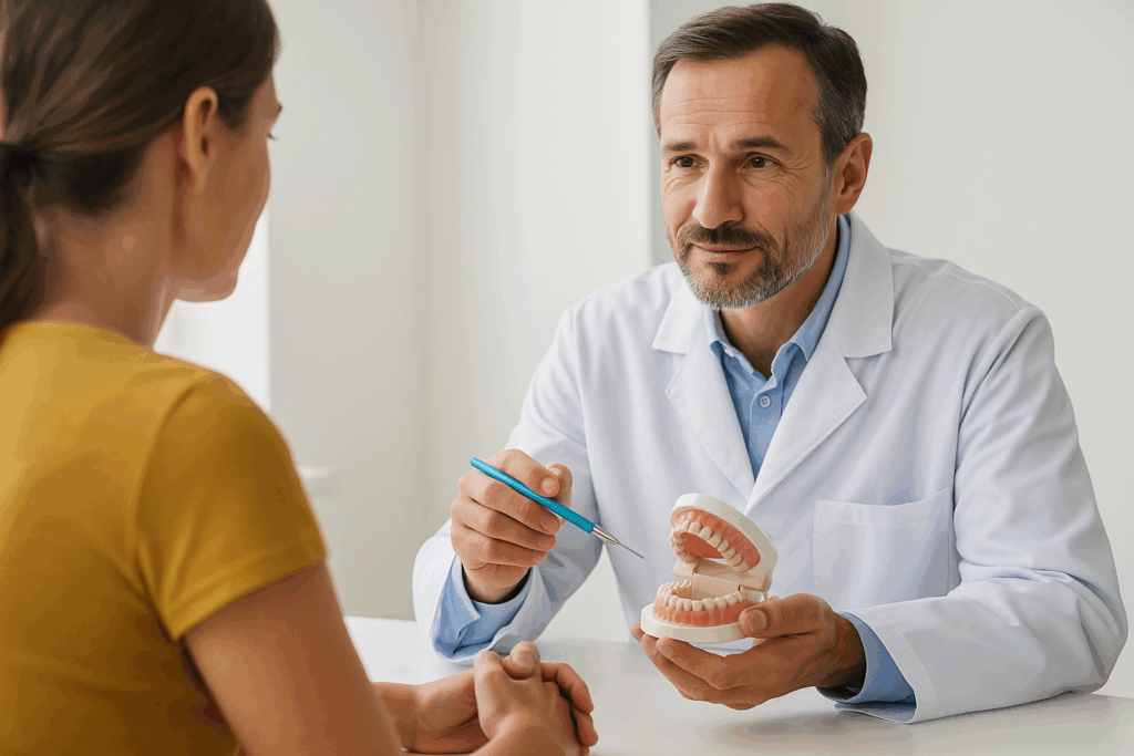 Dentist explaining implant-supported bridge treatment using a jaw model during a patient consultation.