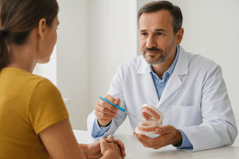 Dentist explaining implant-supported bridge treatment using a jaw model during a patient consultation.