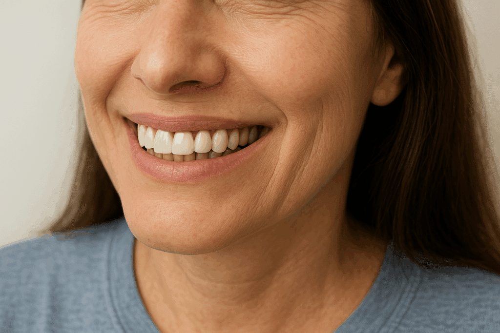 Close-up of a woman smiling, showing natural-looking teeth with an implant-supported dental bridge