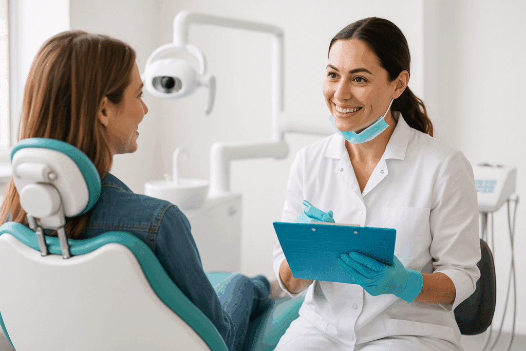 Dentist smiling and speaking with a patient during same day dental implant consultation.