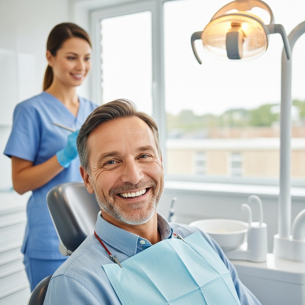 man in dental chair smiling with a woman dentist in the background