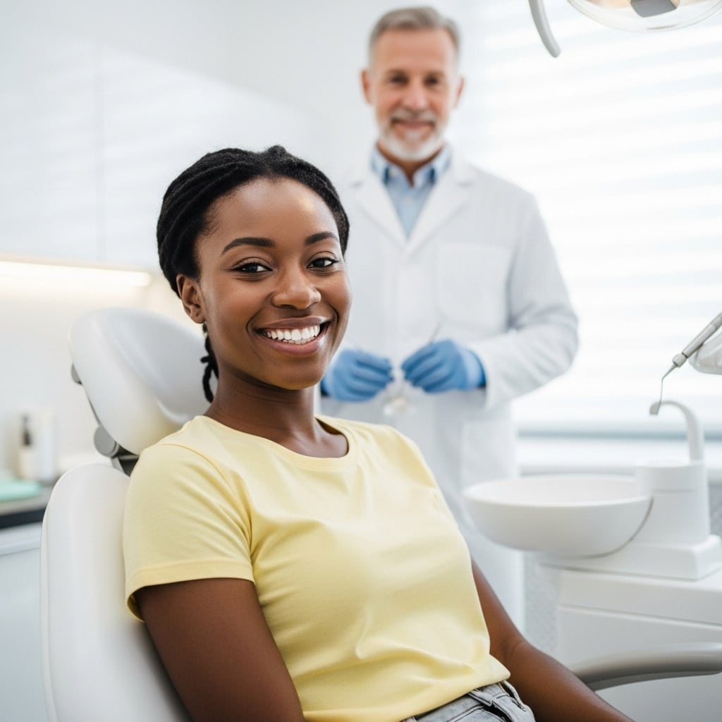 woman smiling showing white teeth with dentist standing behind her