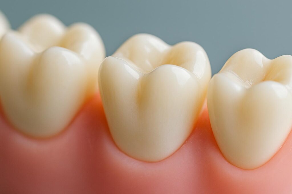 close-up view of three molars as part of a dental model