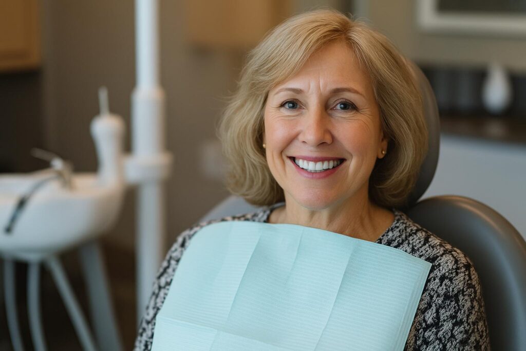 smiling middle-aged woman sitting in a dental chair