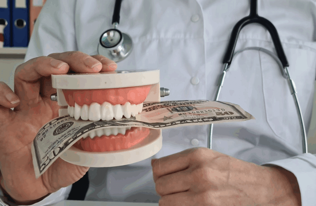 How Much Do Dentures Cost? 1 Doctor holding a denture model gripping a fifty-dollar bill, representing the financial cost of dentures.
