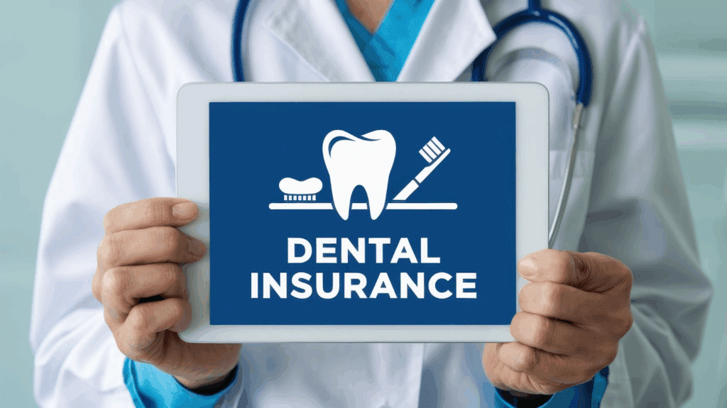 How Much Do Dentures Cost? 2 Doctor holding a tablet displaying the words “Dental Insurance” with a tooth, toothbrush, and toothpaste icon on screen.