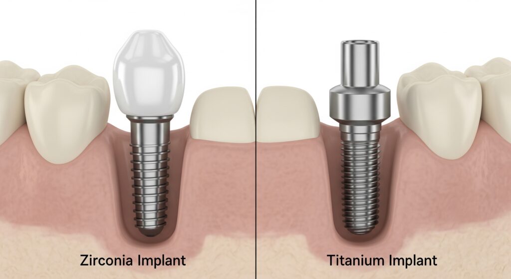 Zirconia and Titanium dental implants.