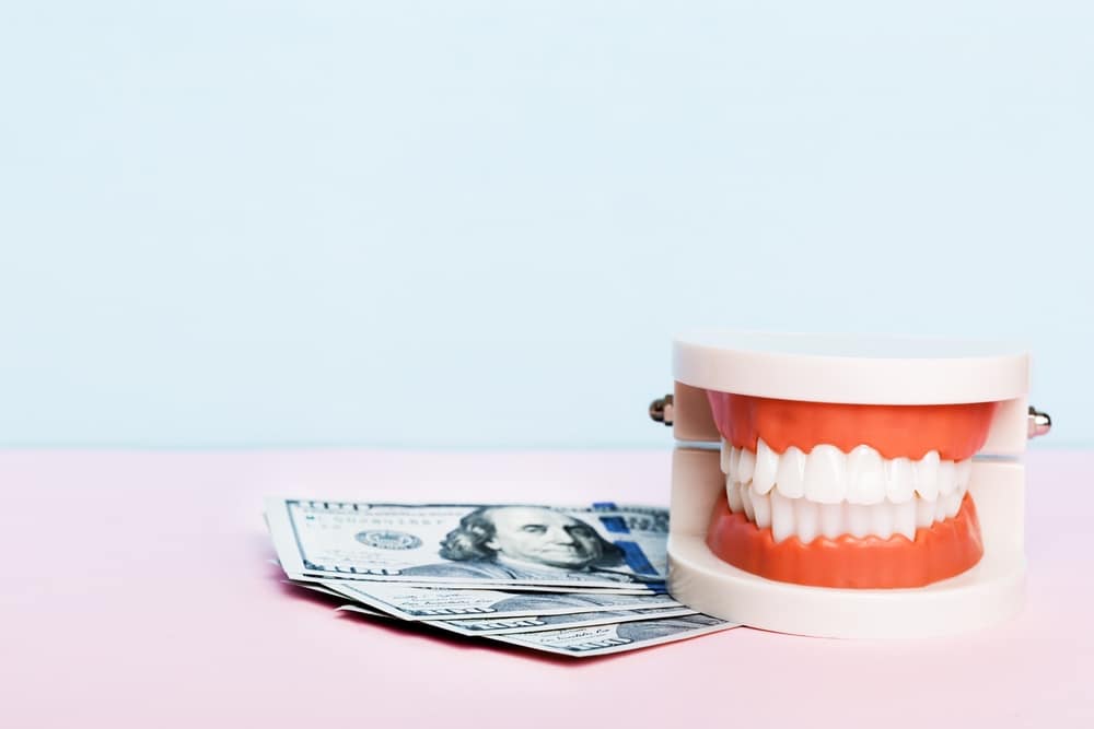 Close-up of a human jaw model and a pile of dollars